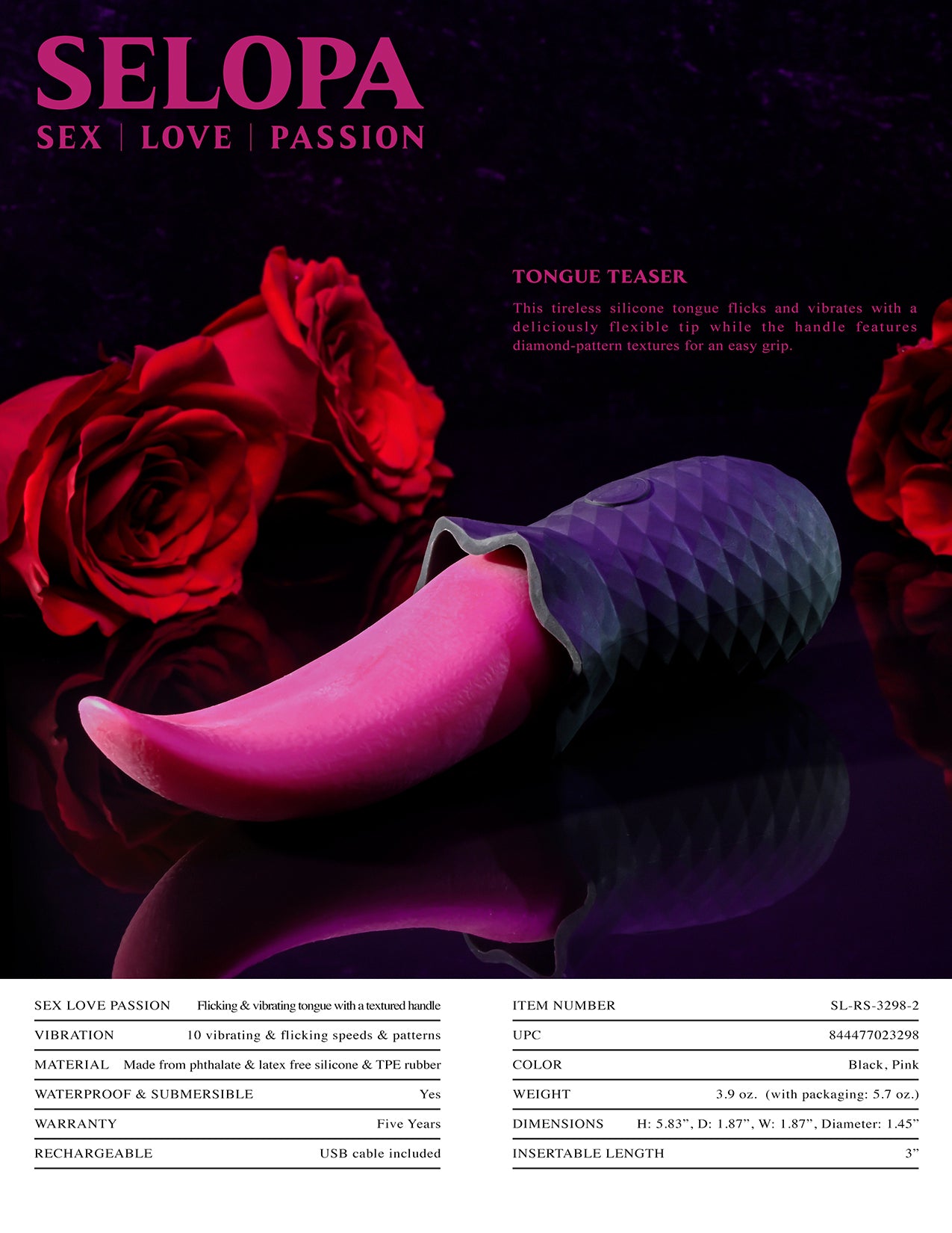 Selopa Tongue Teaser Vibe Rechargeable Silicone Pink Black