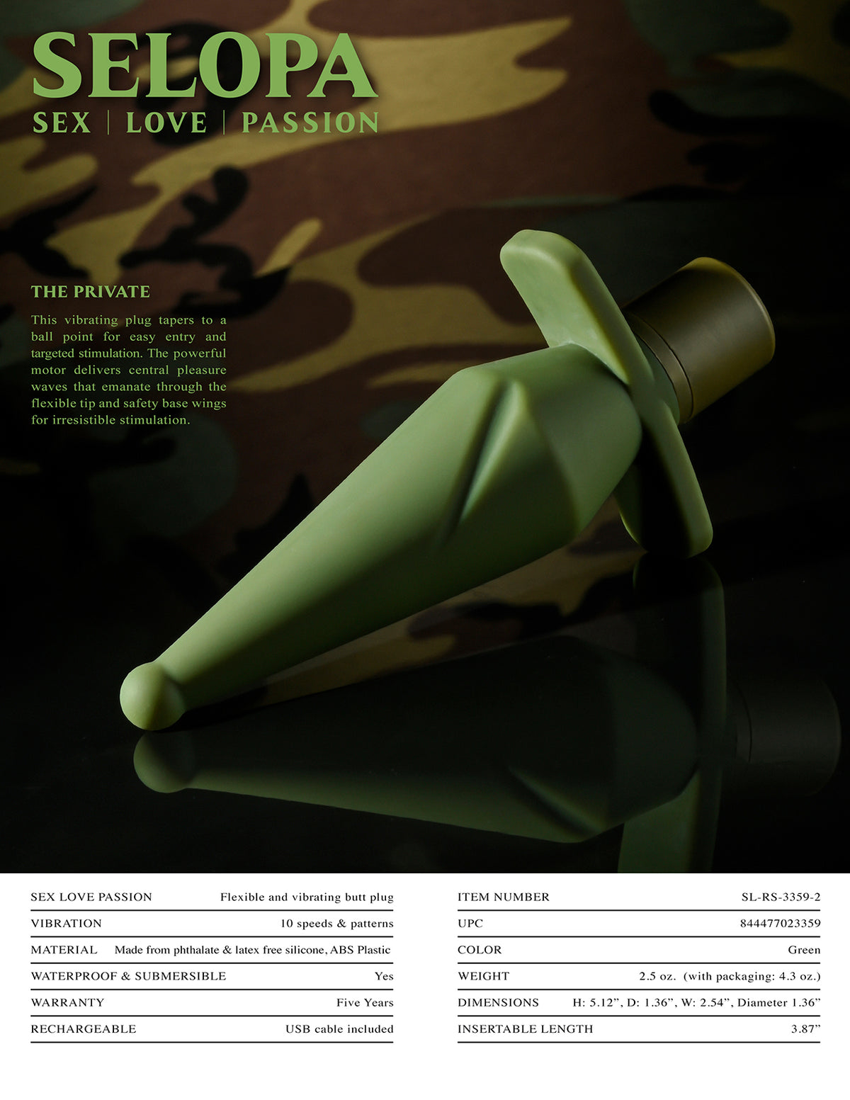 Selopa The Private Rechargeable Butt Plug Silicone Green