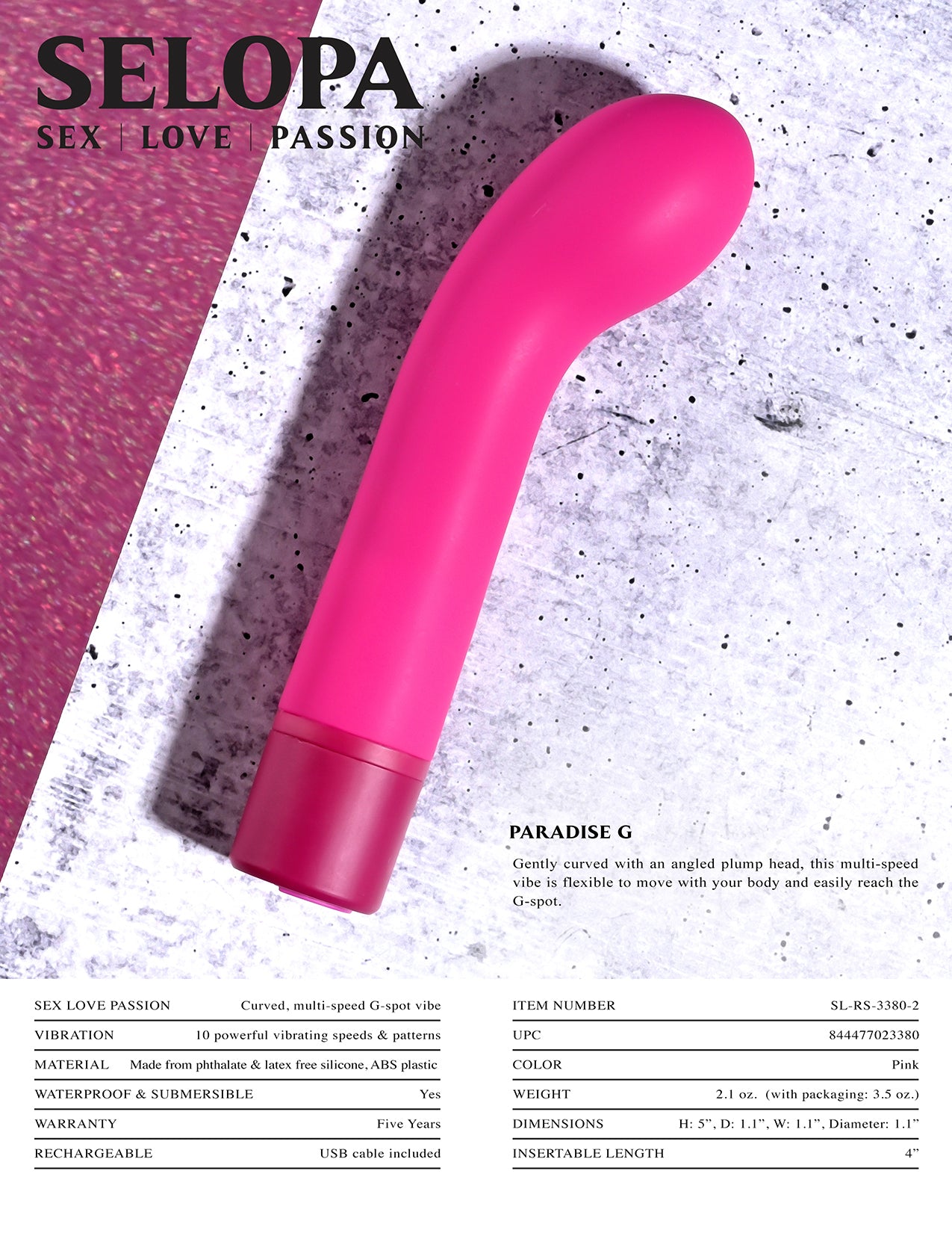 Selopa Paradise G Rechargeable Silicone G-spot Vibrator Pink