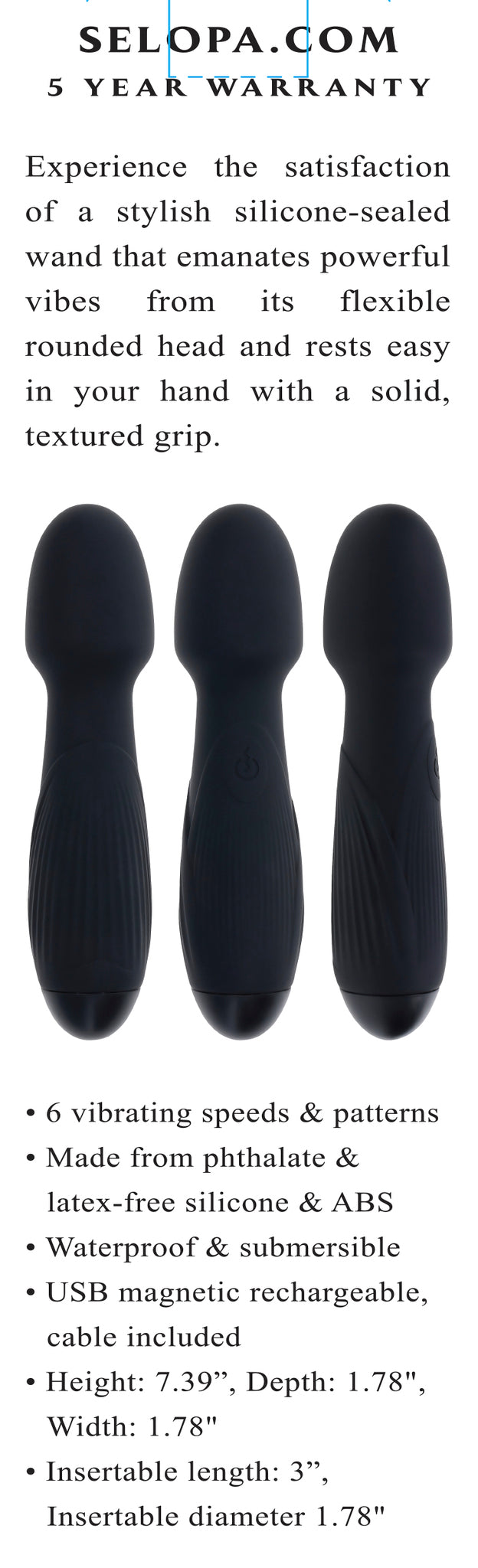 Selopa Power Trip Rechargeable Vibrating Wand Silicone Black