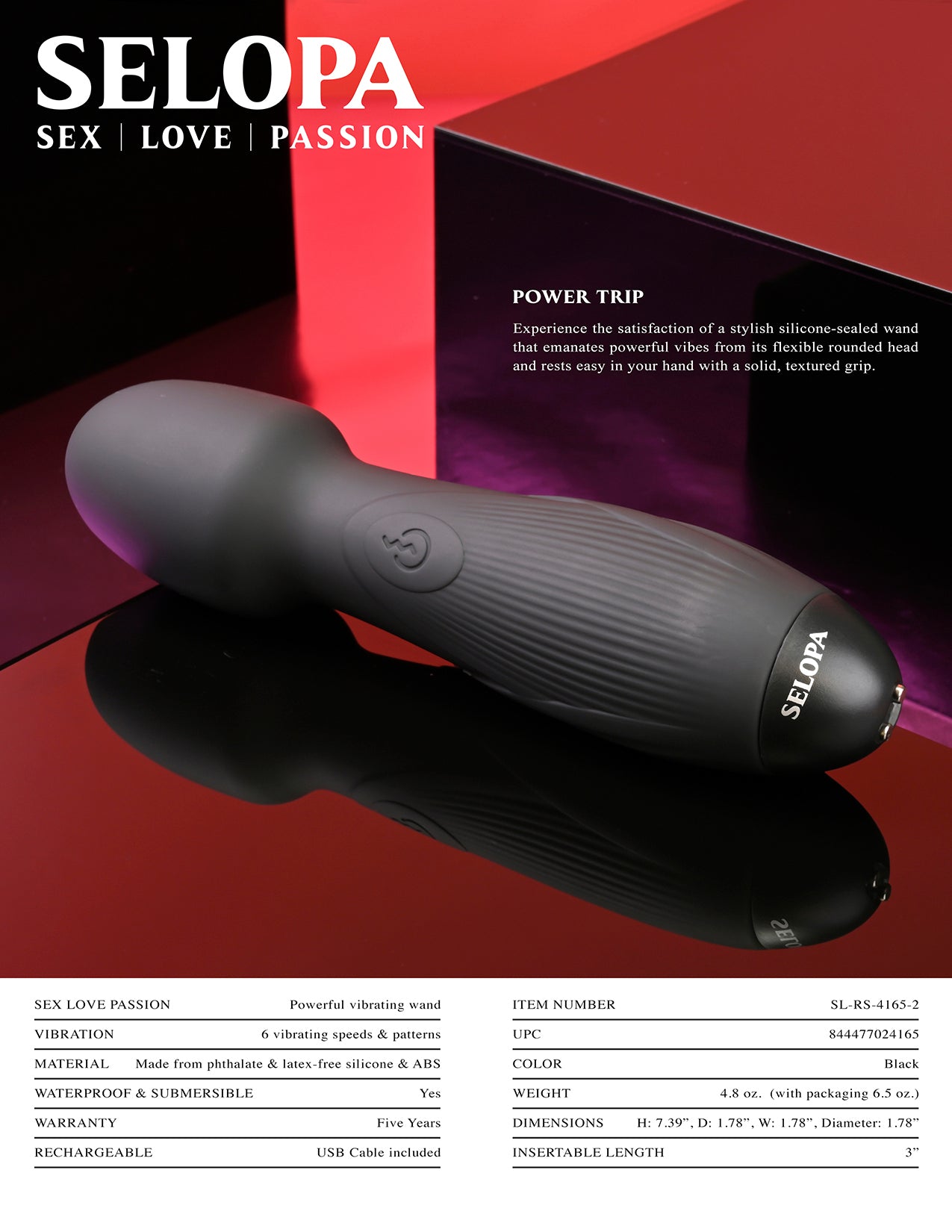 Selopa Power Trip Rechargeable Vibrating Wand Silicone Black