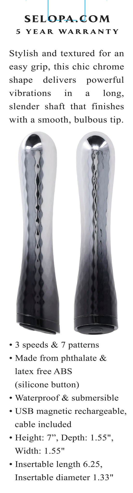 Selopa Silverado Rechargeable Vibrator Abs Plastic & Silicone Silver/black