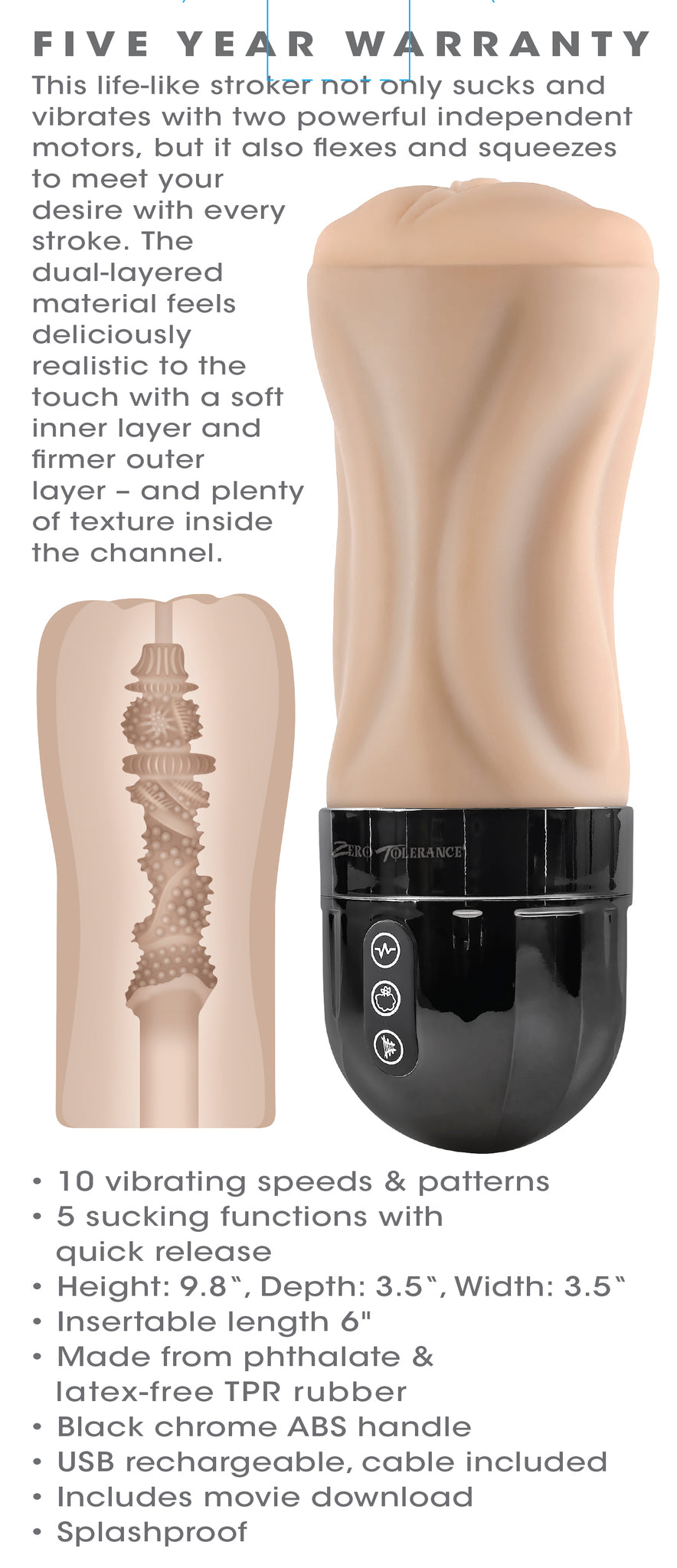 Zero Tolerance Tight Lipped Rechargeable Stroker With Suction Light