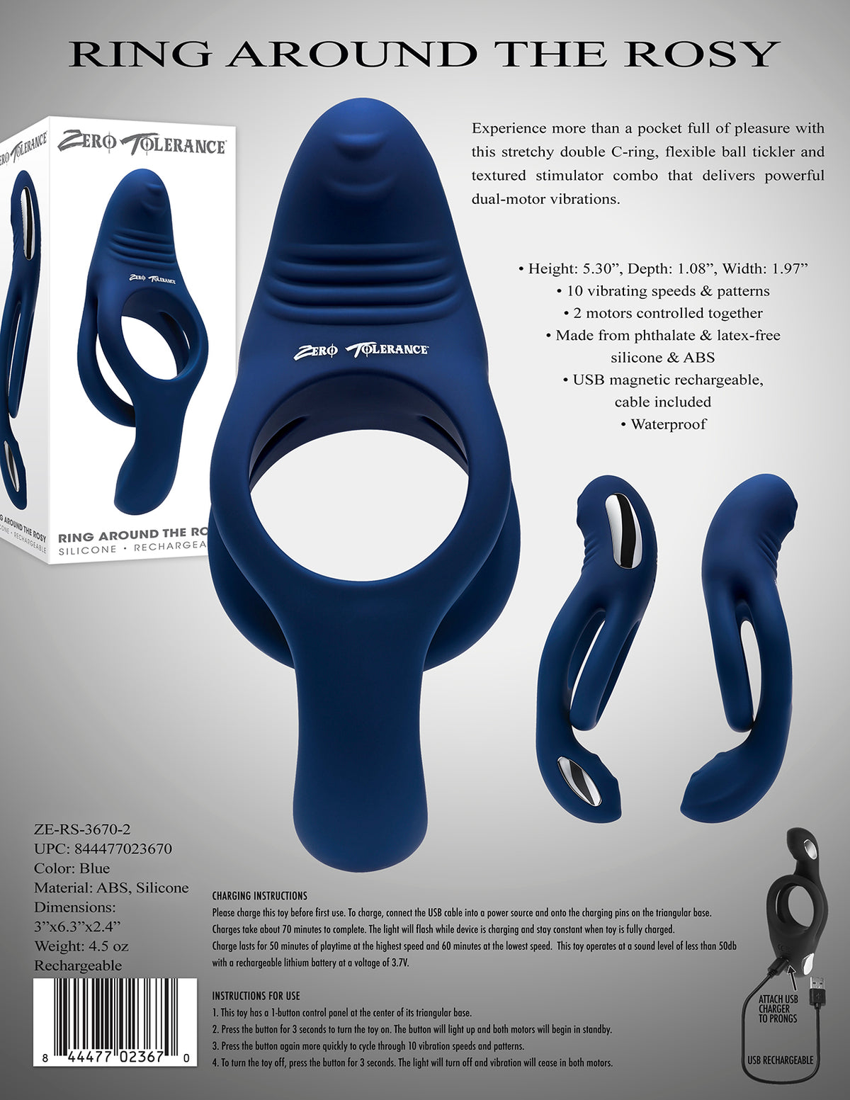 Zero Tolerance Ring Around The Rosy Rechargeable Vibrating Dual C-ring Silicone Blue