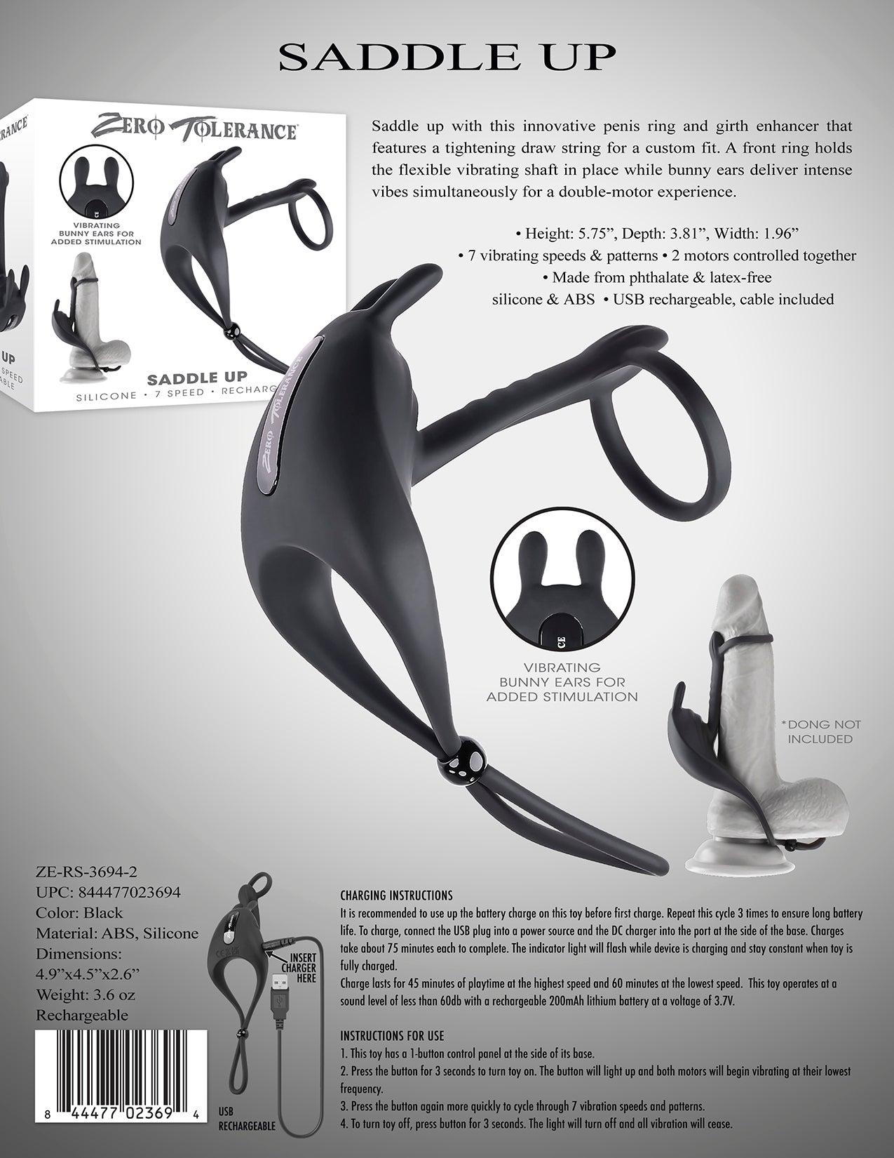 Zero Tolerance Saddle Up Rechargeable Vibrating C-ring & Girth Enhancer Silicone Black