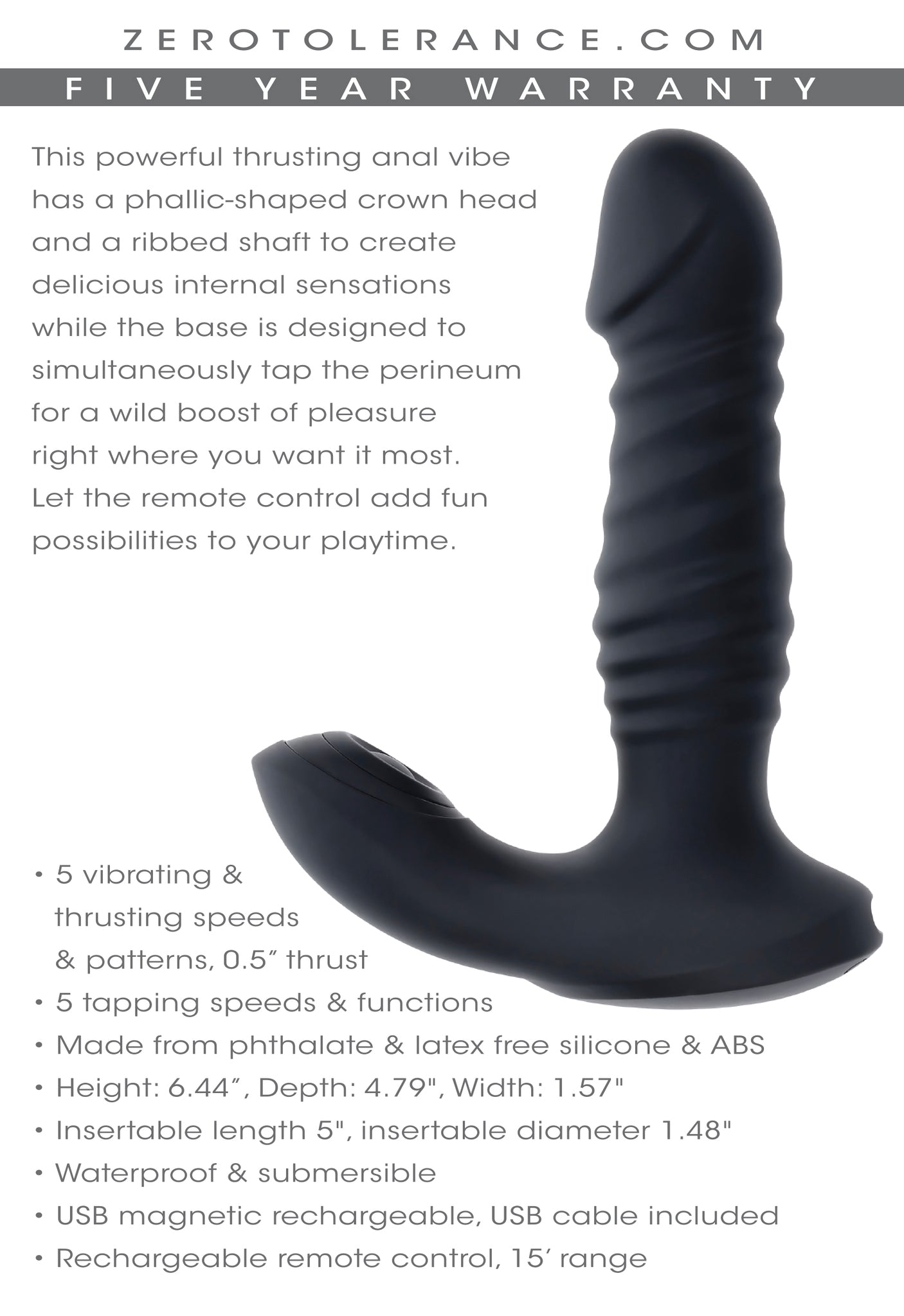 Zero Tolerance Striker Rechargeable Thrusting Anal Vibe With Remote Silicone Black