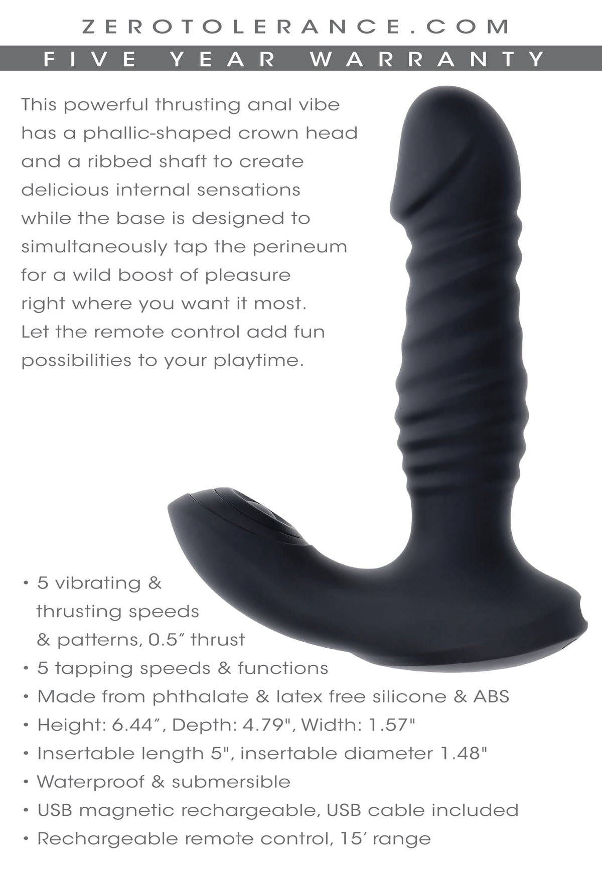 Zero Tolerance Striker Rechargeable Thrusting Anal Vibe With Remote Silicone Black