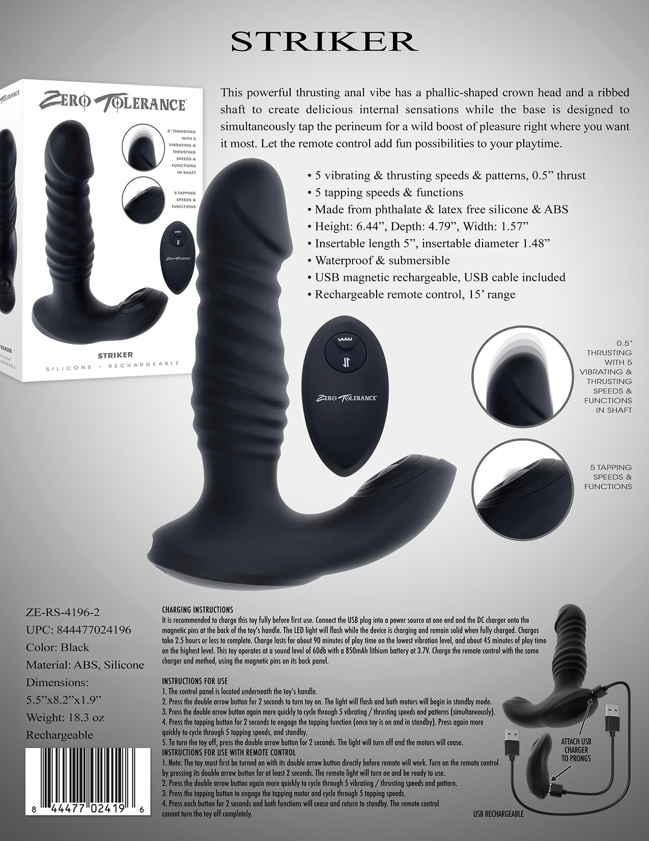 Zero Tolerance Striker Rechargeable Thrusting Anal Vibe With Remote Silicone Black