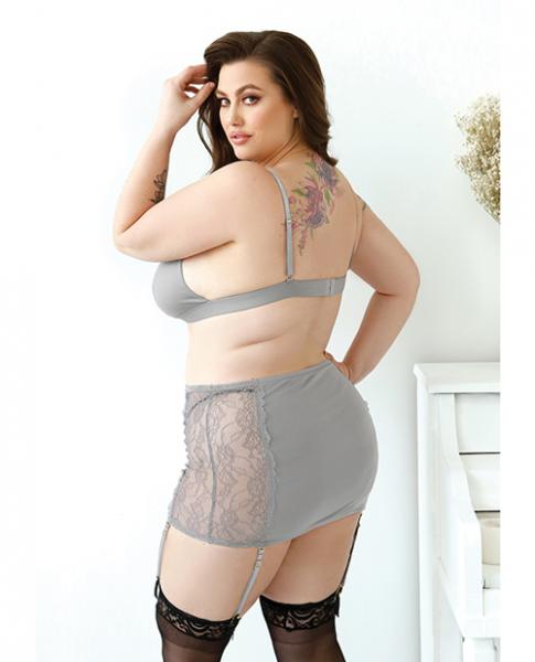Curve Layne Lace Panel Bralette, Matching Gartered Skirt & G-string Panty 1x/2x Gray