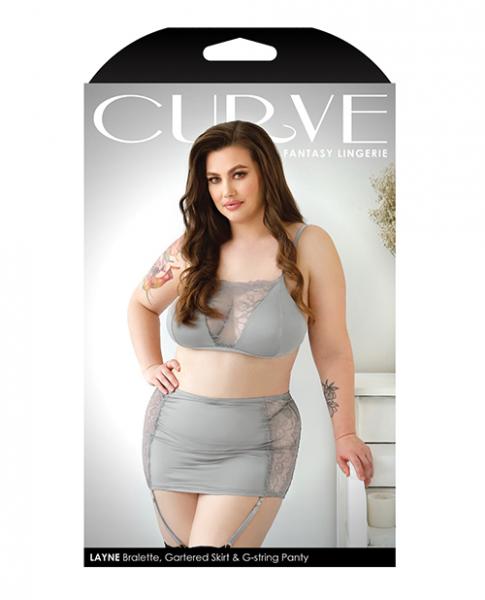Curve Layne Lace Panel Bralette, Matching Gartered Skirt & G-string Panty 1x/2x Gray