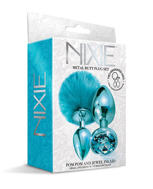 Nixie Metal Butt Plug Set Pom Pom And Jewel-inlaid Metallic Blue