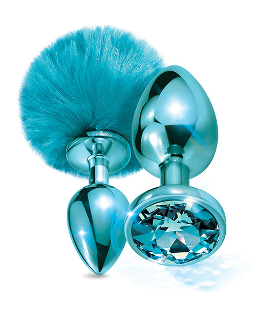 Nixie Metal Butt Plug Set Pom Pom And Jewel-inlaid Metallic Blue