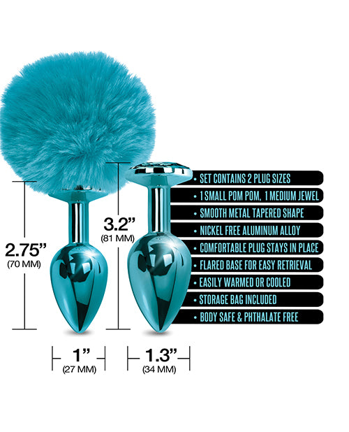 Nixie Metal Butt Plug Set Pom Pom And Jewel-inlaid Metallic Blue