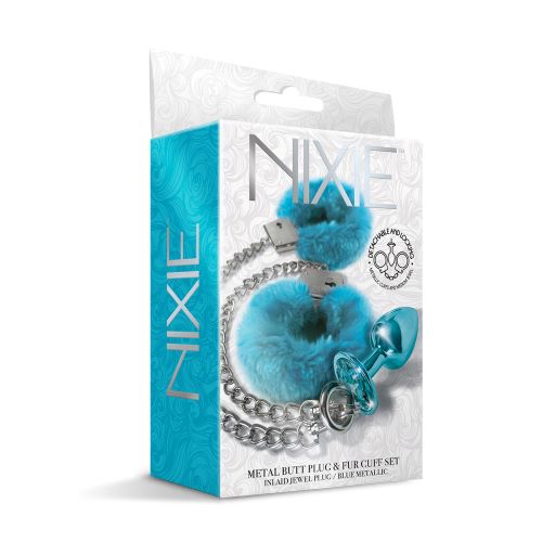 Nixie Metal Butt Plug & Furry Handcuff Set Mediumblue Metallic