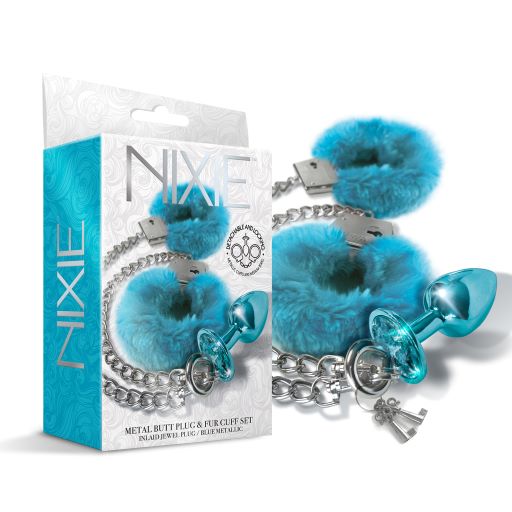 Nixie Metal Butt Plug & Furry Handcuff Set Mediumblue Metallic