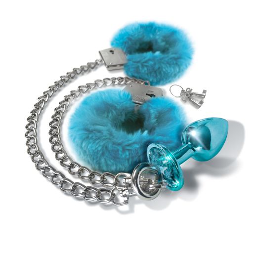 Nixie Metal Butt Plug & Furry Handcuff Set Mediumblue Metallic