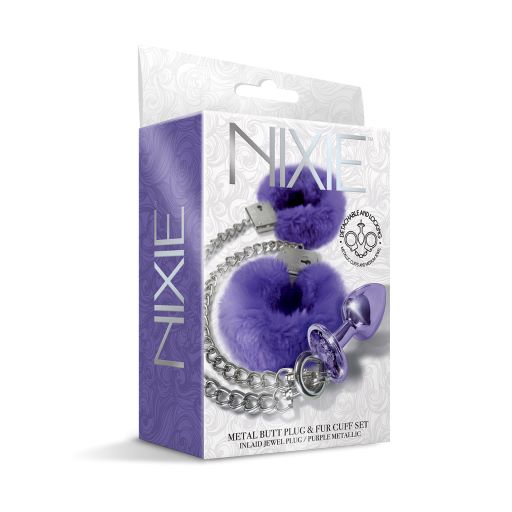 Nixie Metal Butt Plug & Furry Handcuff Set Medium Purple Metallic