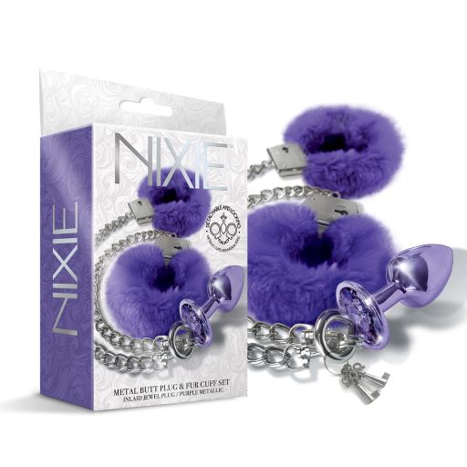 Nixie Metal Butt Plug & Furry Handcuff Set Medium Purple Metallic
