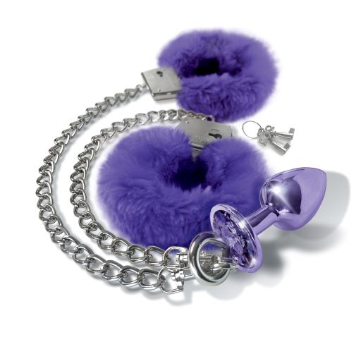 Nixie Metal Butt Plug & Furry Handcuff Set Medium Purple Metallic