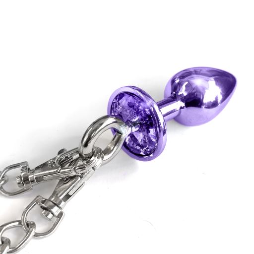 Nixie Metal Butt Plug & Furry Handcuff Set Medium Purple Metallic