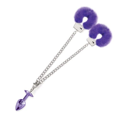 Nixie Metal Butt Plug & Furry Handcuff Set Medium Purple Metallic