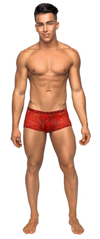 Male Power Stretch Lace Mini Short Red Large