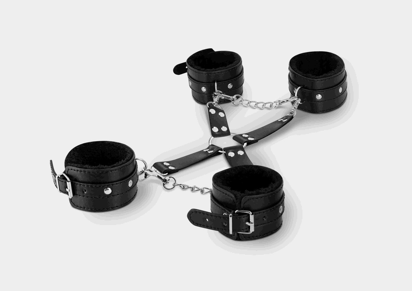 Male Power Leather All 4's Fuzzy Cuff Set Black