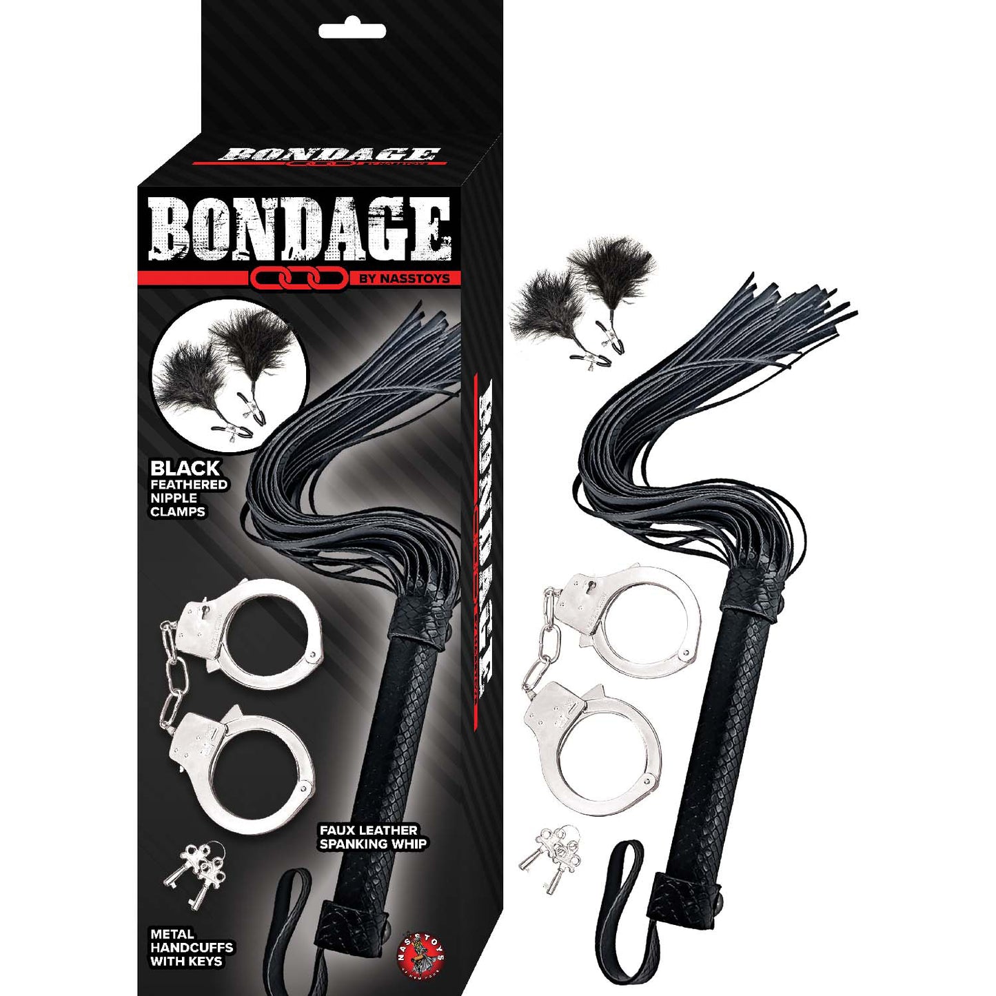 Bondage By Nasstoys Whip, Feather And Cuffs Black