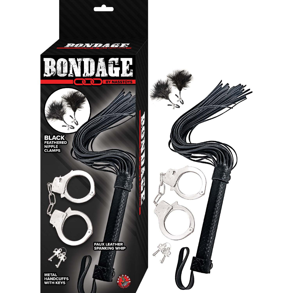 Bondage By Nasstoys Whip, Feather And Cuffs Black