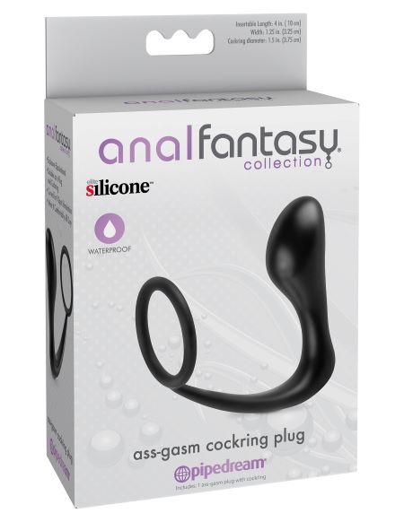 Ass-Gasm Silicone Cockring Plug - Black