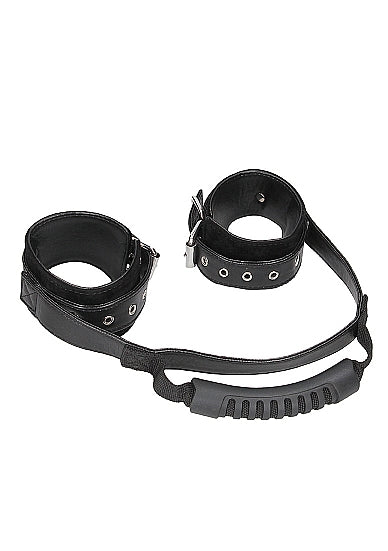 Ouch! Black & White Bonded Leather Hand Cuffs With Handle With Adjustable Straps Black
