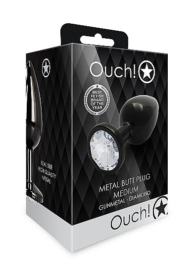 Shots Ouch! Round Gem Butt Plug Medium Gunmetal/diamond