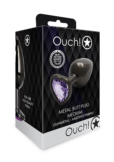 Shots Ouch! Heart Gem Butt Plug Medium Gunmetal/amethyst