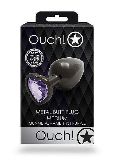 Shots Ouch! Heart Gem Butt Plug Medium Gunmetal/amethyst