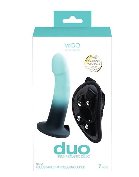 Vedo Duo Silicone Dildo (Non Vibrating) With Harness Turquoise/Black