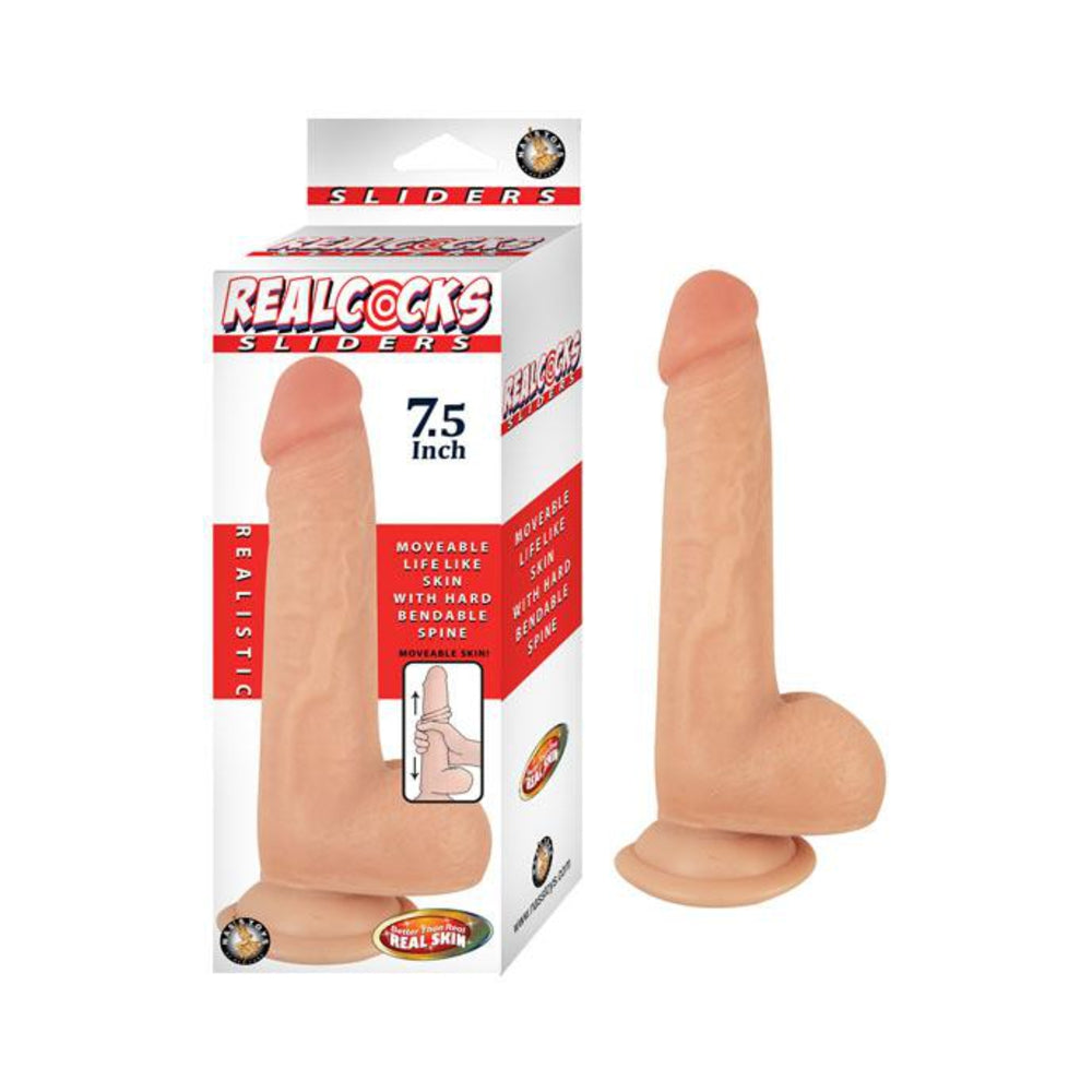 Realcocks Sliders 7.5in Moveable Skin Bendable Harness Compatible Suction Cup Base Flesh