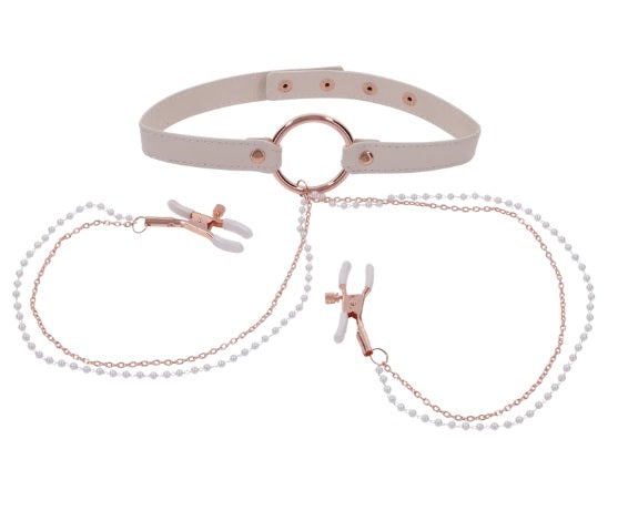 Sex & Mischief Peaches 'n CreaMe Collar with Nipple Clamps