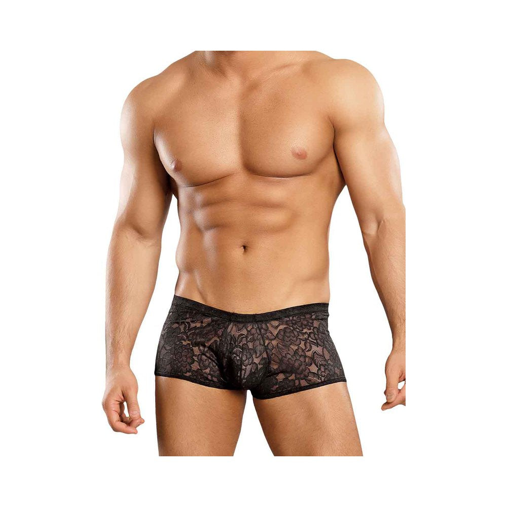 Male Power Stretch Lace Mini Shorts Black Large